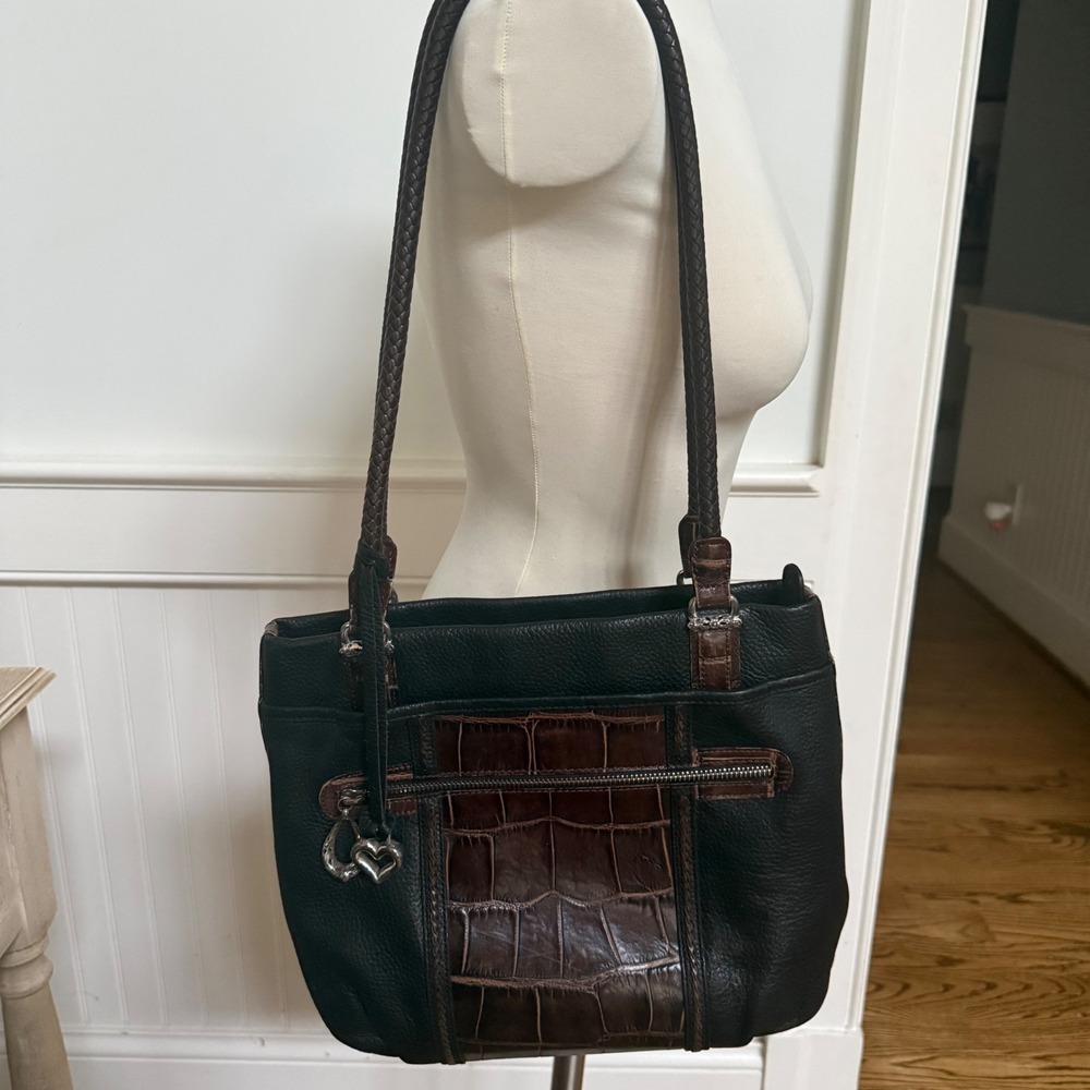 Brighton Black Leather Croc Embossed Trim Shoulder Bag Purse with Heart Charm